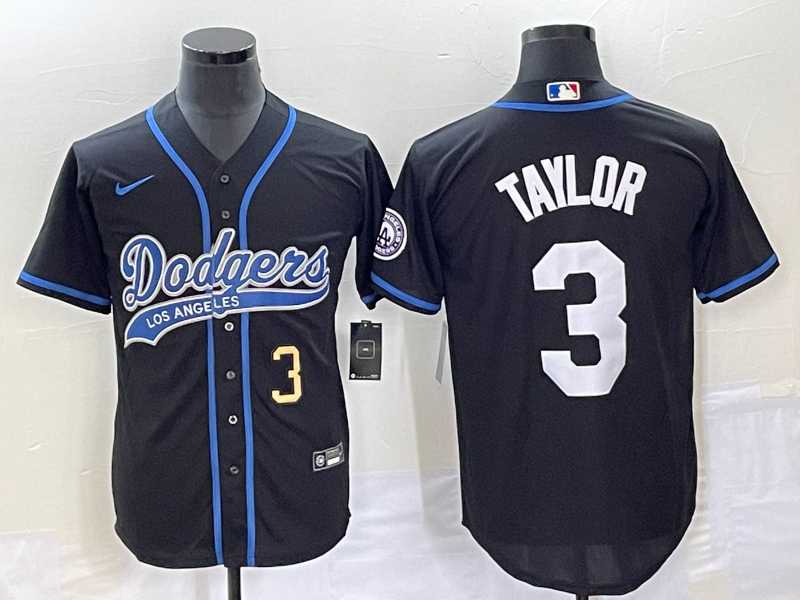 Mens Los Angeles Dodgers #3 Chris Taylor Number Black With Patch Cool Base Stitched Baseball Jersey